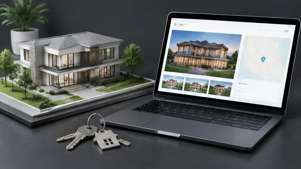 House model and keys beside property listings on a laptop