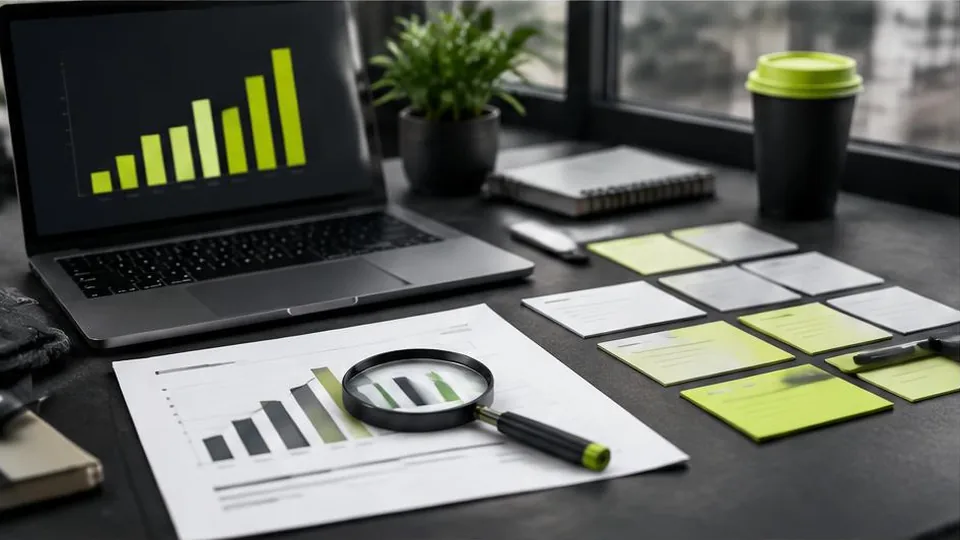 Search visibility report and magnifying glass beside SEO planning cards