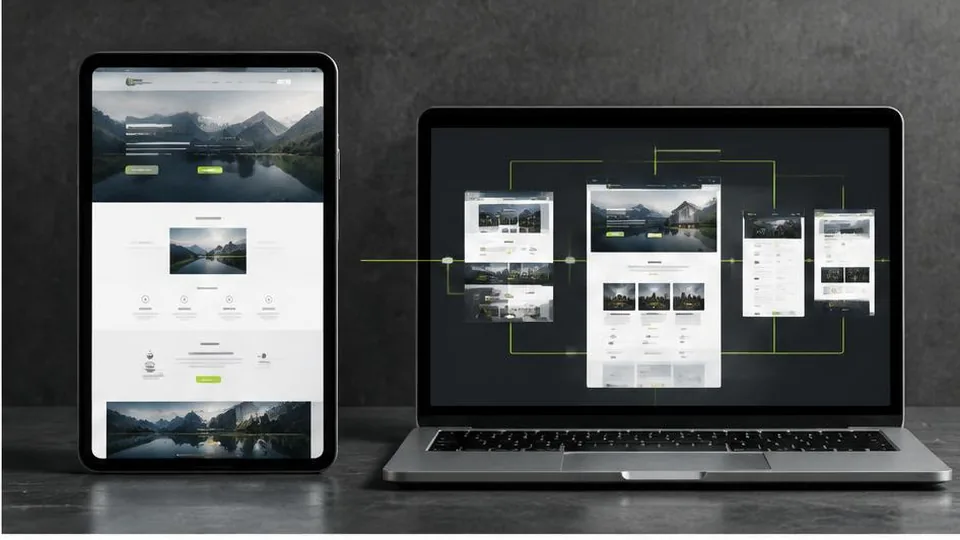 Single landing page on a tablet beside a connected multi-page website