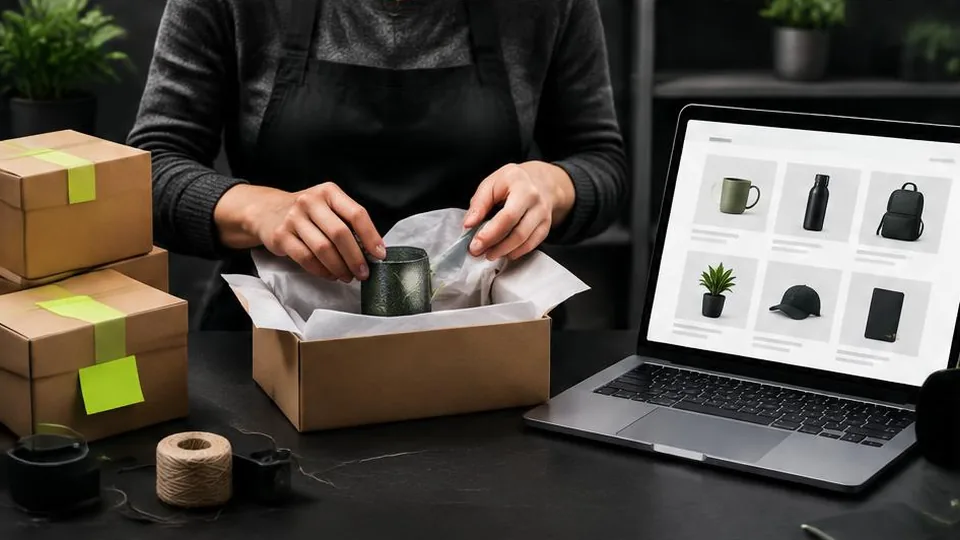 Small business owner packing products beside an online store laptop