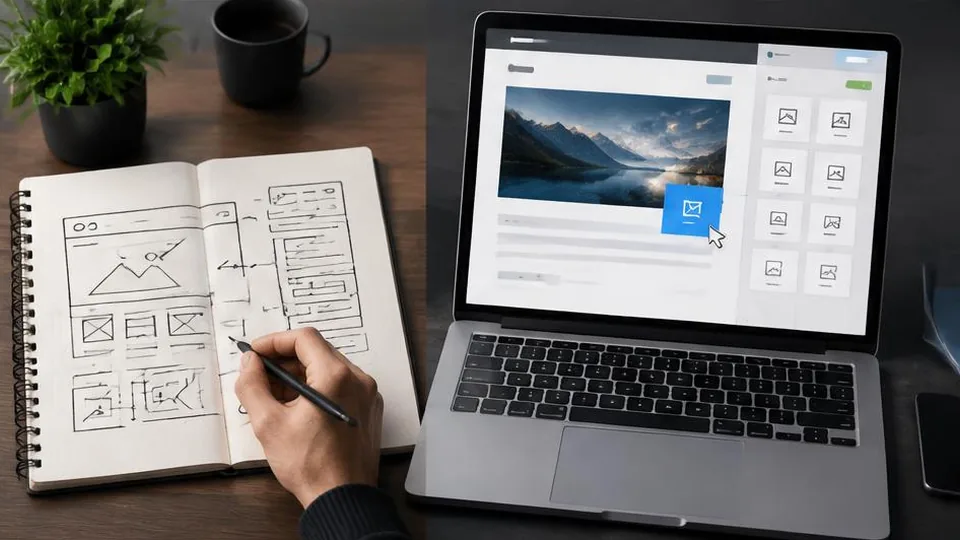Custom website sketches beside a modular website builder on a laptop