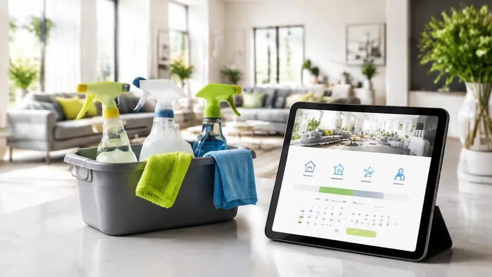 Cleaning supplies beside a service booking tablet in a clean interior