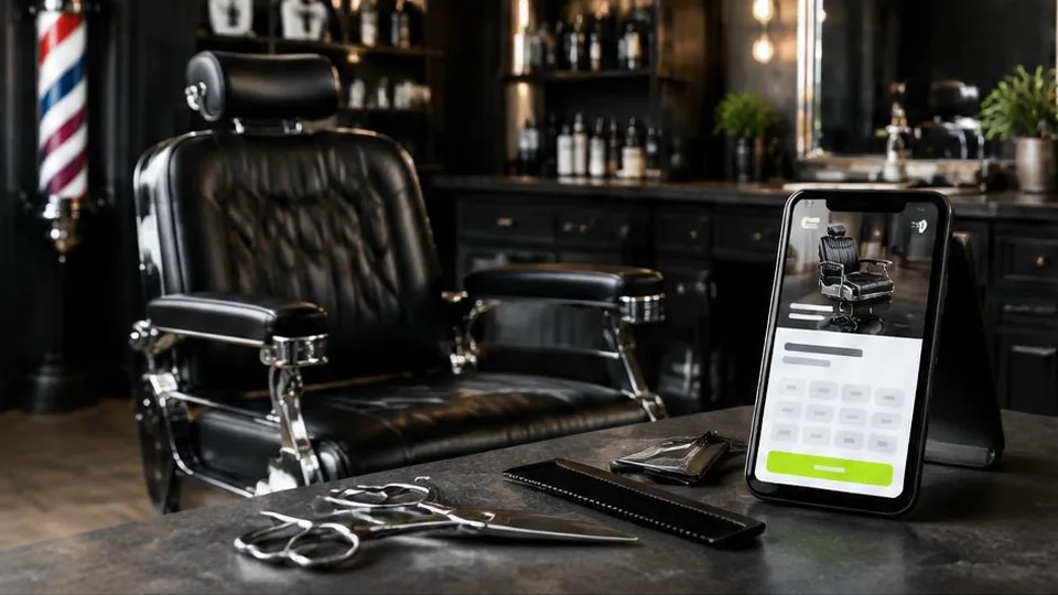 Barber chair and shears beside a tablet showing appointment booking