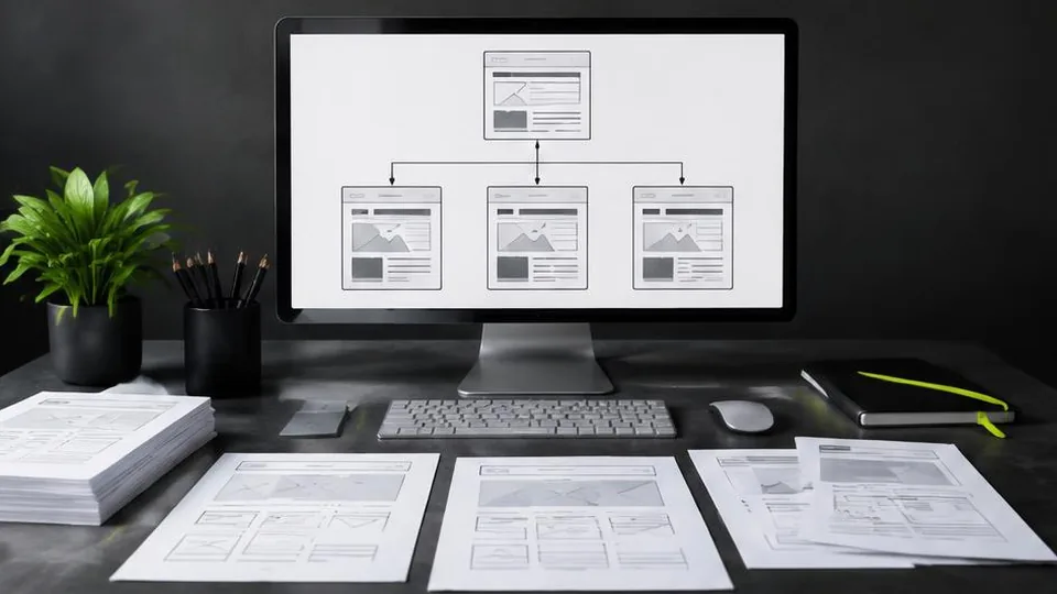 Website sitemap on a monitor with organized page layout sketches