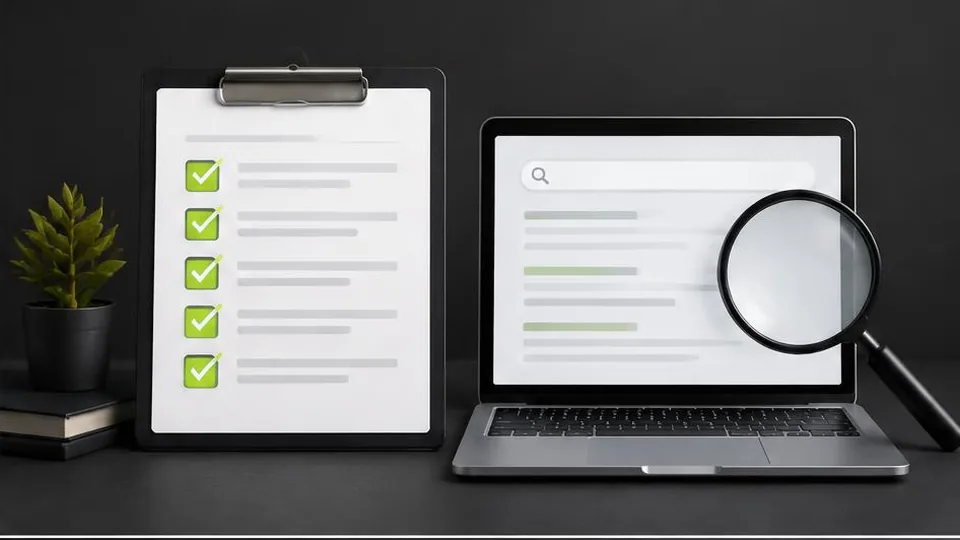 SEO checklist beside a search preview and magnifying glass