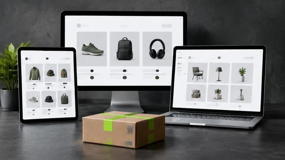 Three online store product catalogs displayed across different devices