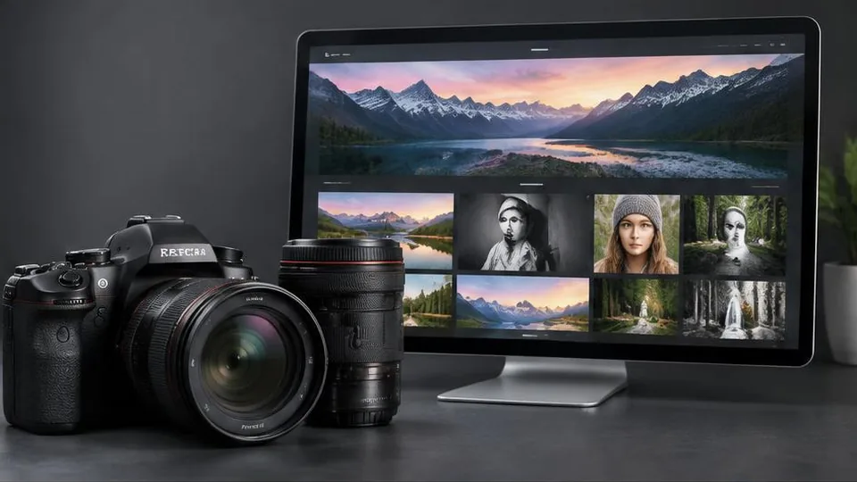 Professional camera beside a photographic portfolio gallery on a monitor