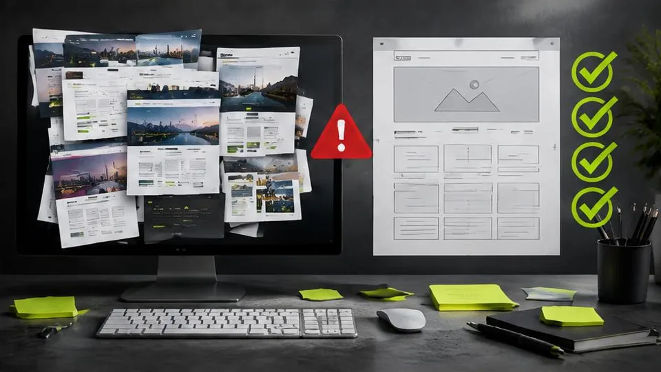 Cluttered website layouts contrasted with a clear wireframe and warning symbol