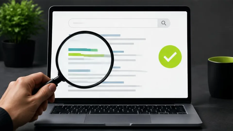 Magnifying glass highlighting a website result in a search interface