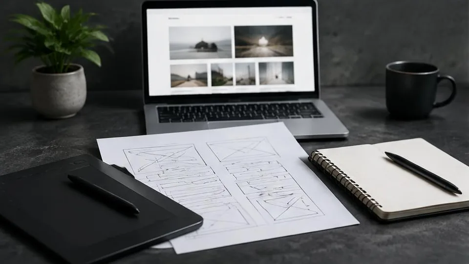 Website wireframe sketches and portfolio beside a designer planning notebook