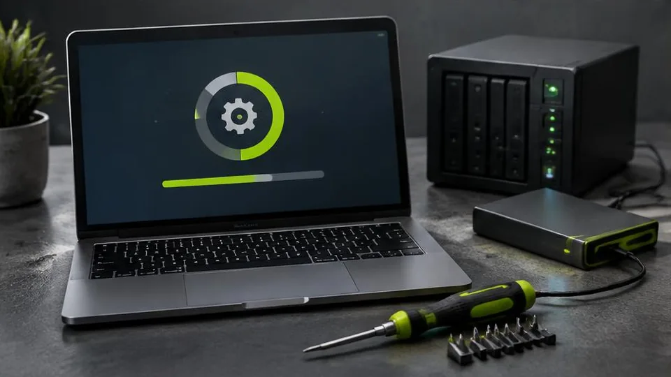 Website update progress beside backup hardware and maintenance tools