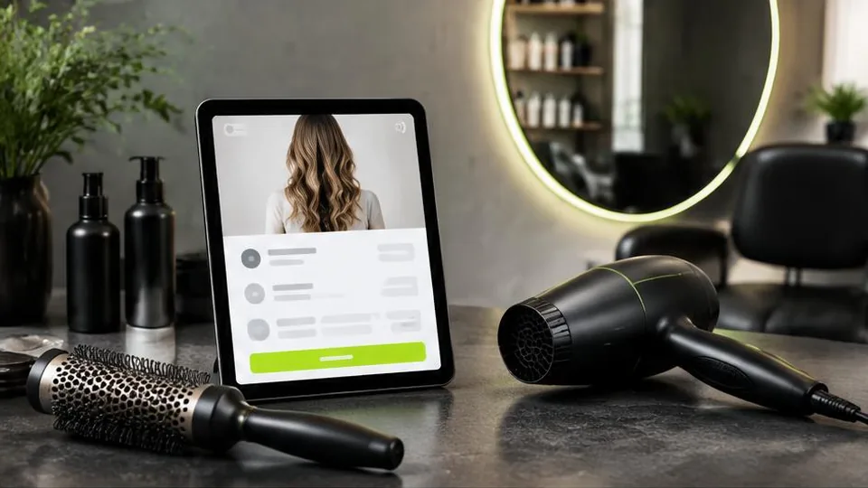 Salon styling tools and mirror beside an appointment booking tablet