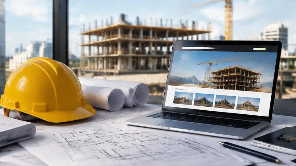 Construction plans and hardhat beside a laptop showing building projects
