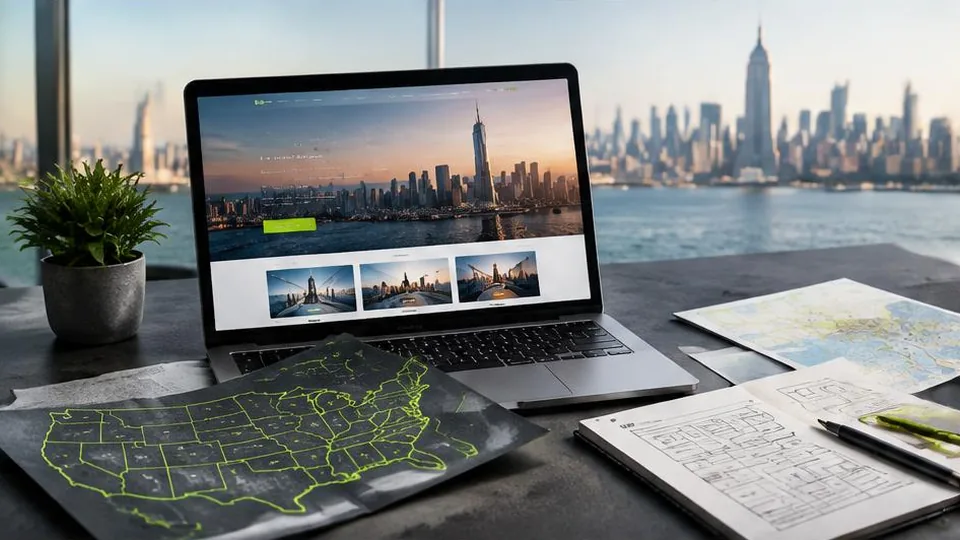 Website project plans and a United States map beside a laptop