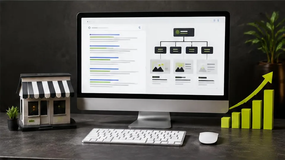 Search results and a content hierarchy beside a small business model