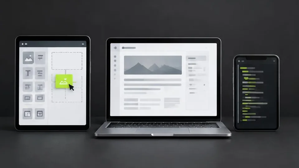 Website builder, content editor and custom code interfaces on three devices