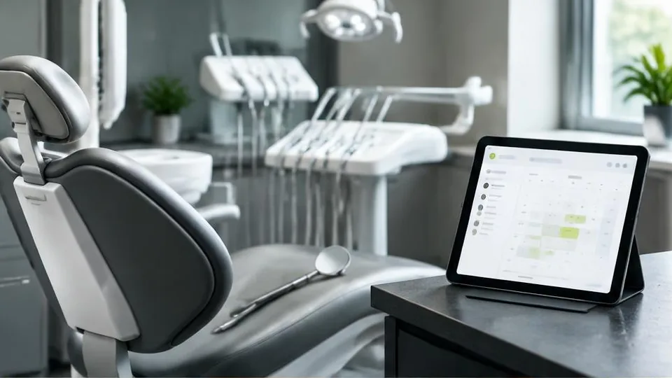 Dental chair and mirror beside a patient appointment tablet