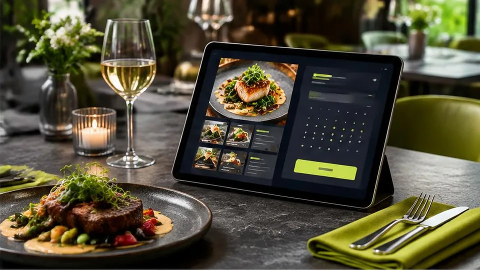 Restaurant dining table with a digital menu and reservation tablet