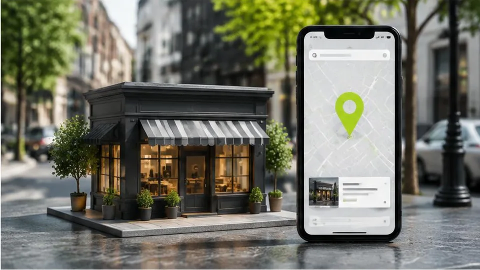 Local storefront model beside a phone map with a location pin