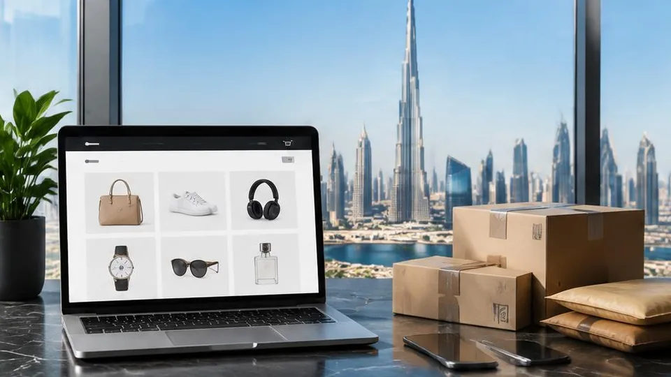 Online store laptop and shipping parcels with the Dubai skyline