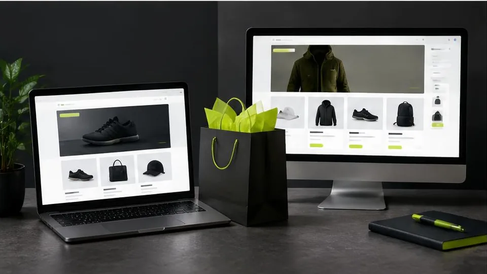 Two distinct online store interfaces beside a shopping bag