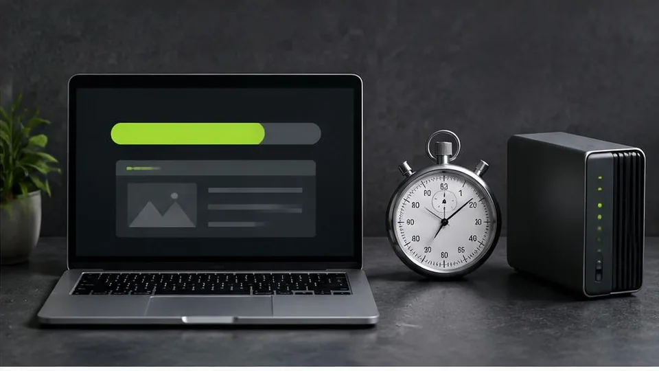 Website loading progress beside a stopwatch and compact server