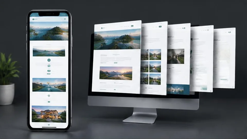 Long scrolling website beside a stack of connected website pages