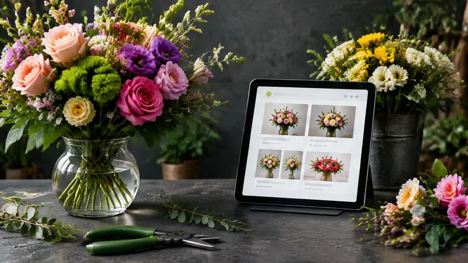 Fresh flower arrangements beside a tablet displaying a flower catalog