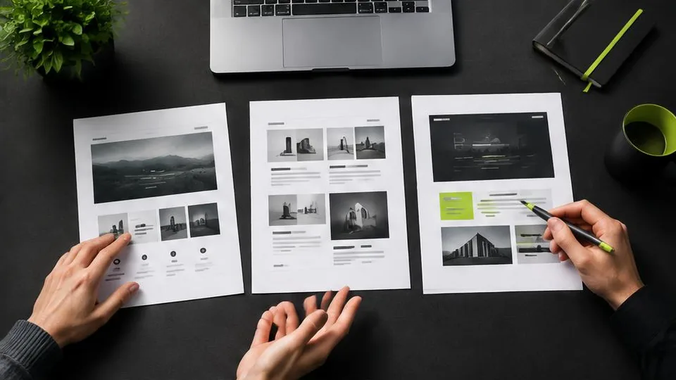 Hands comparing three web design portfolios and project notes