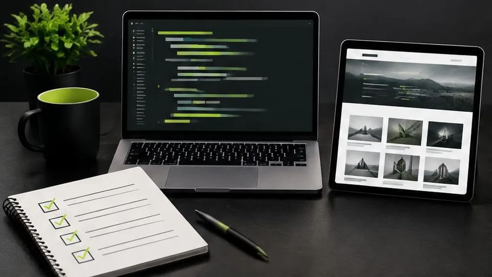 Developer workstation with code, portfolio tablet and interview checklist