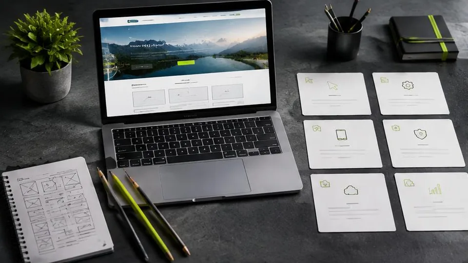 Website project scope cards and a planning notebook beside a laptop