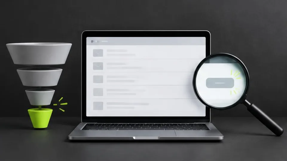 Website contact screen and magnifying glass beside an incomplete lead funnel
