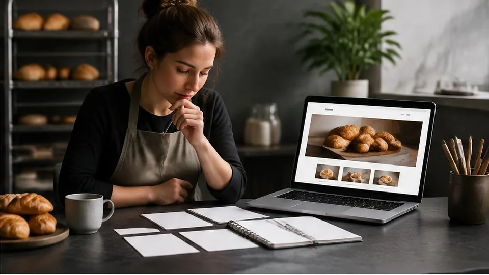Bakery owner reviewing website scope cards beside a business website