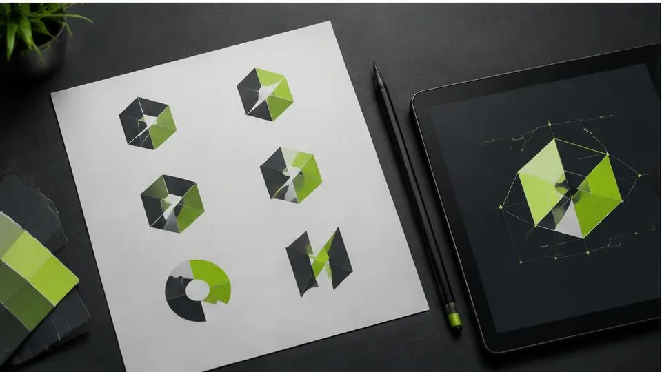 Geometric logo sketches beside a design tablet and vector artwork