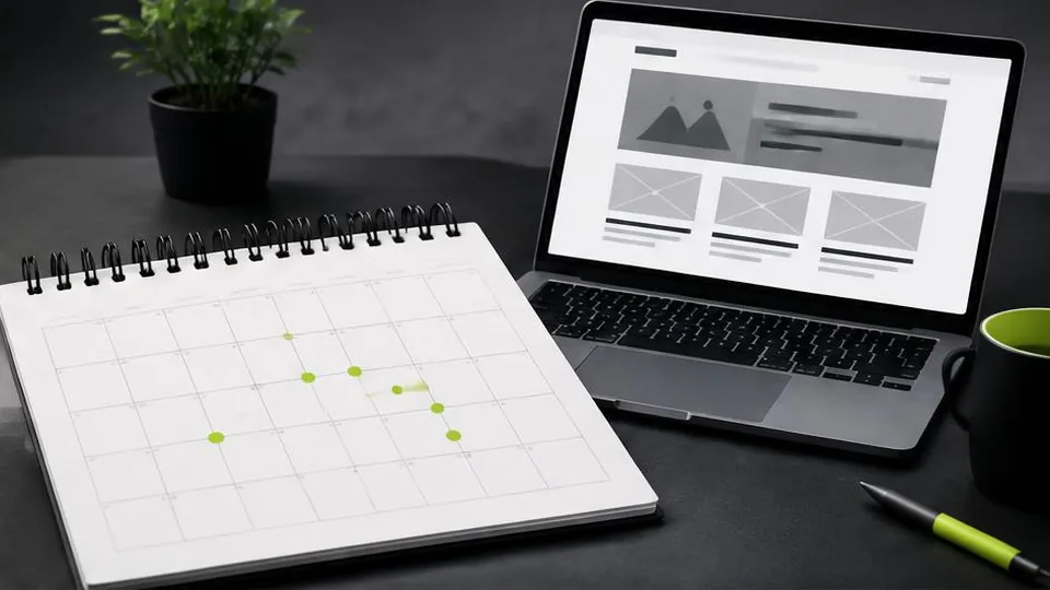 Website wireframes beside a planning calendar with project milestones
