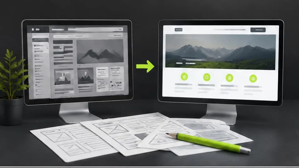 Old and redesigned website layouts side by side with design sketches