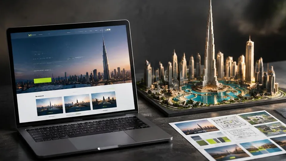 Website project plans beside a Dubai skyline architectural model