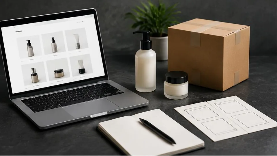 Online product catalog beside product samples and store planning notes