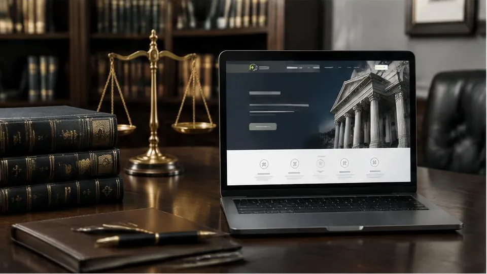 Legal books and balance scales beside a professional law firm website