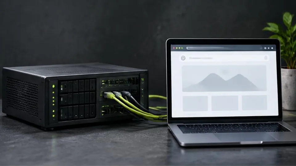Network hosting hardware connected to a laptop showing a website