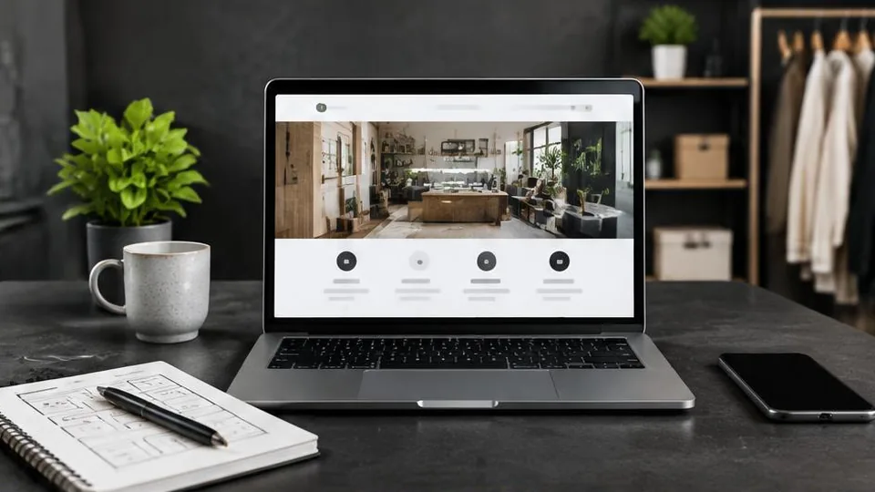 Simple business website on a laptop beside a project planning notebook