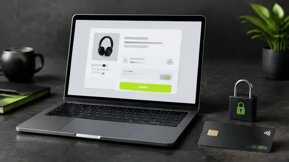 Laptop checkout screen beside a bank card and security padlock