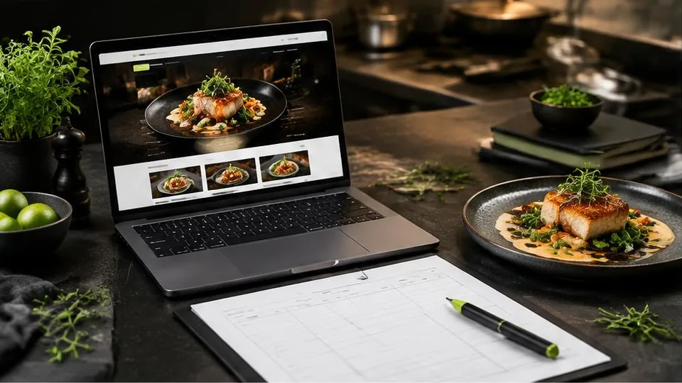 Restaurant website and plated dish beside a project planning worksheet