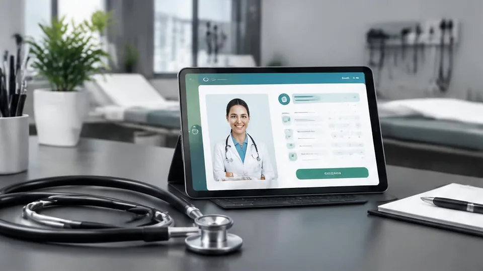 Stethoscope beside a medical clinic appointment tablet