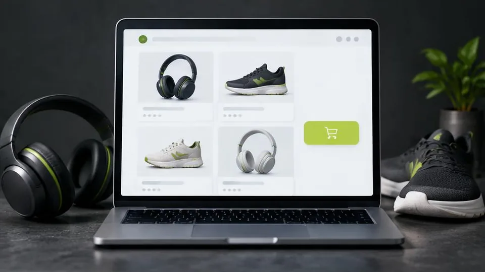 Online store product grid beside headphones and a sneaker